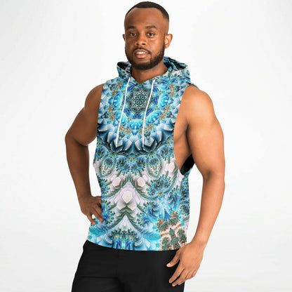 A second model wearing the “Return to Purity” sleeveless hoodie from the side, showing the drop armhole cut.