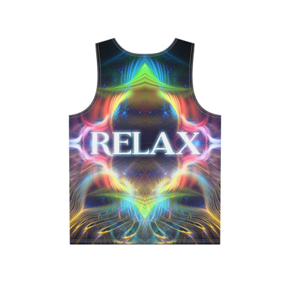 Close-up of the Relax print detail on the men's tank top fabric.