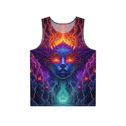 Front view of the Lilith psychedelic art men's tank top on a model.