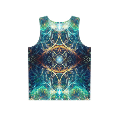 Flat lay of a men's tank top printed with the 'Blossom Flip' design.