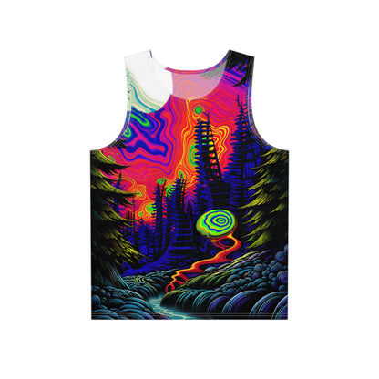 Flat lay of the Mushy Night men's tank top showing the full psychedelic mushroom print.