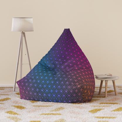 The Rainbow Flower of Life bean bag chair cover styled in a cozy living room.