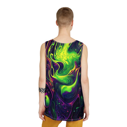 Corner detail of The Goo print on a men's tank top.