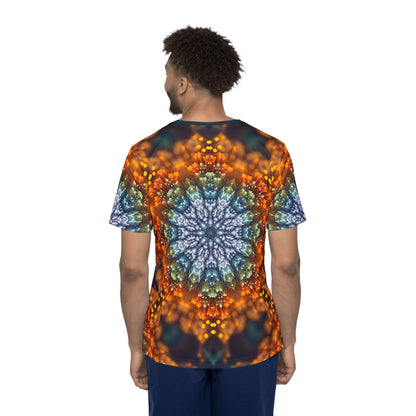 Flat lay of the men's sport tee showing the Fractal Flower Mandala V2 print.