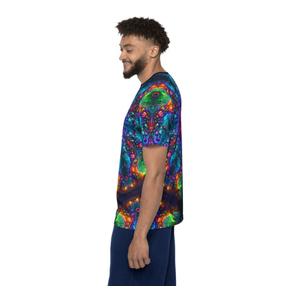 Folded view of the men's sport tee printed with the Fungus Amongus Mandala design.