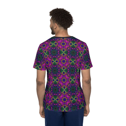 Angled view of the "Kiss Me Pattern" sport tee, showing the print from the side.