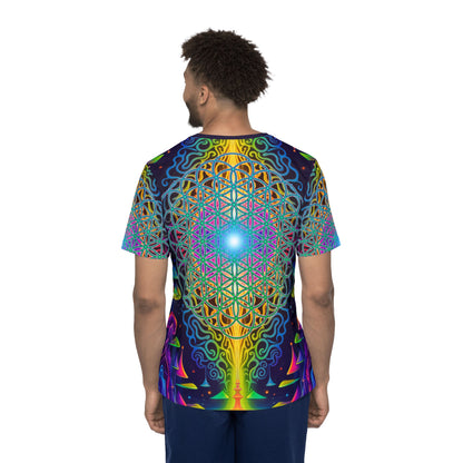 Corner detail of the Maze of Life Flip men's sport tee showing the print and seam.