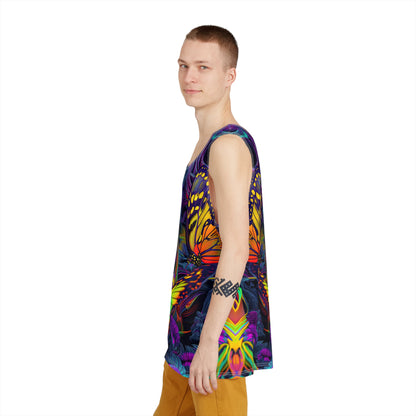 Psychedelic Butterfly men's tank top laid flat, showing the full front print.