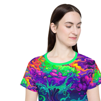 Close up of the sleeve and seam on the Mush Tree So Color women's sport tee.