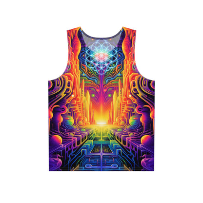 Flat lay of the 'DMTron' men's tank top showing the full psychedelic print.
