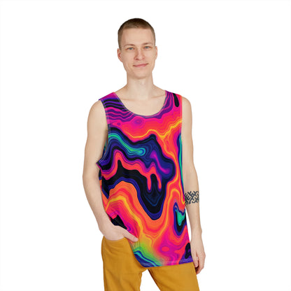 Angled view of the 'Drizzle' men's tank top highlighting the print colors.