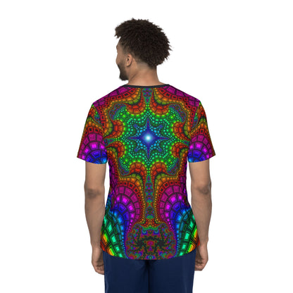 Angled view of the "Kambo" sport tee, showing the print from the side.