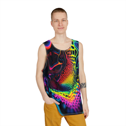 Close-up of the Ferro Field print detail on the men's tank top fabric.