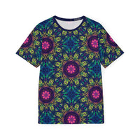 'Gatekeepers Pattern' all-over-print sport tee for men, front view laid flat.