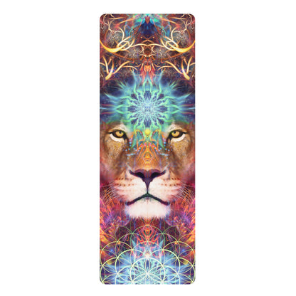Genesis yoga mat laid flat on a white background, showing the full symmetrical psychedelic lion face design top to bottom.