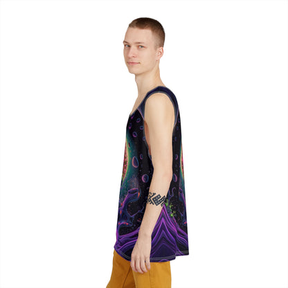 Styled shot of a men's tank top printed with the Space Anemone design.