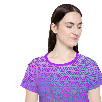 Women's sport tee in the Flower de Life V2 sacred geometry all-over print design, laid flat.