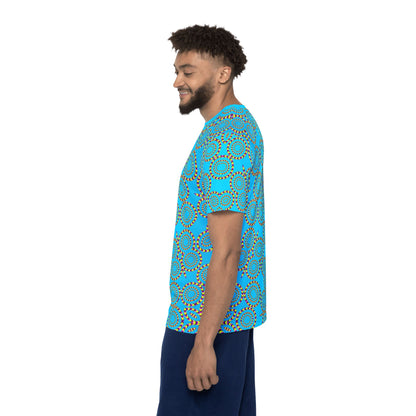 Men's sport tee in the Loco Motion design, worn by a model, back view.
