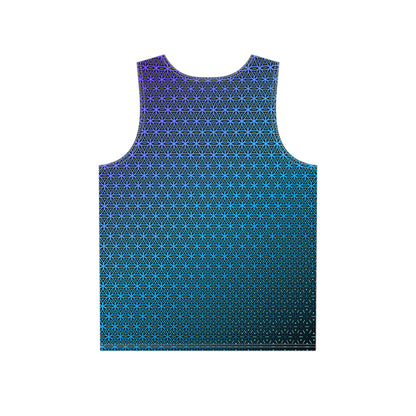 Back view of the 'Blue Flower of Life Pattern' men's tank top laid flat, showing the print continuing across the fabric.