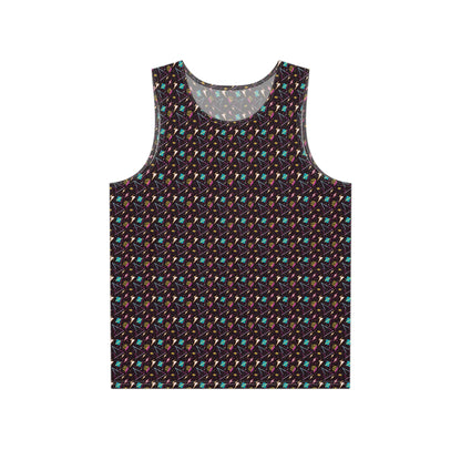 Front view of the 90's Lightning Pattern men's tank top on a model.