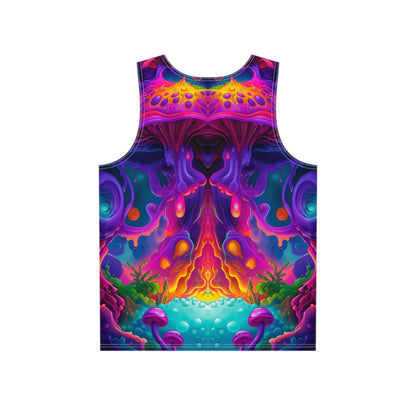 Close-up of the Port Gillstown Reflection print detail on the men's tank top fabric.