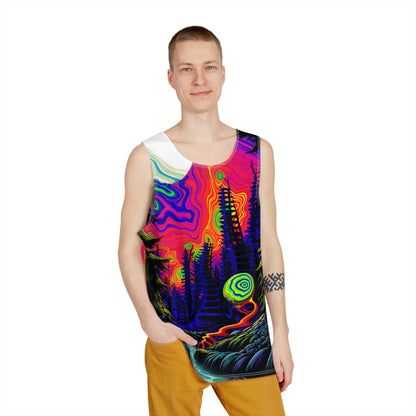 Angled view of the Mushy Night men's tank top.