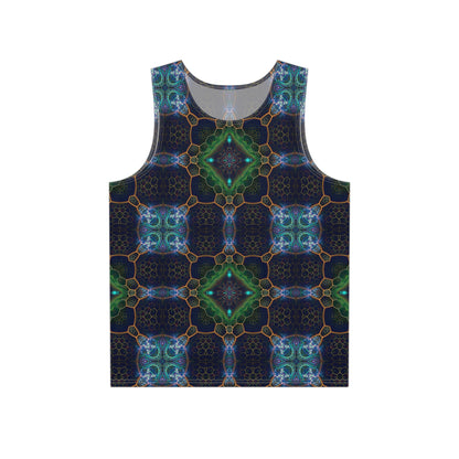 Front flat lay of the 'To Tree or Not To Tree Pattern' men's tank top showing the psychedelic all-over print.