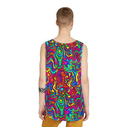 Back view of the Cartoon Oil men's tank top with its cartoon oil painting print.