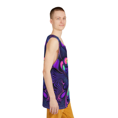 Model wearing the Nooooot A Microdose men's tank top with the funny psychedelic print visible.