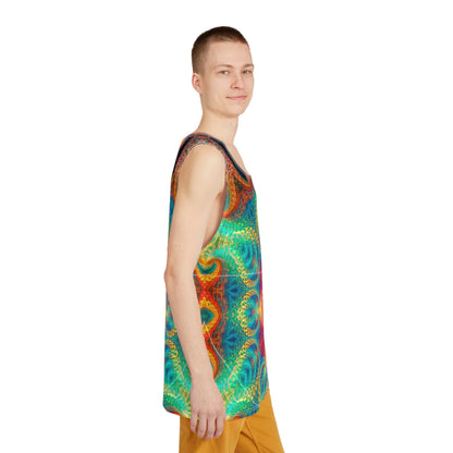 Flat lay of the Free Your Mind Fibonacci men's tank top laid out to show the full print.
