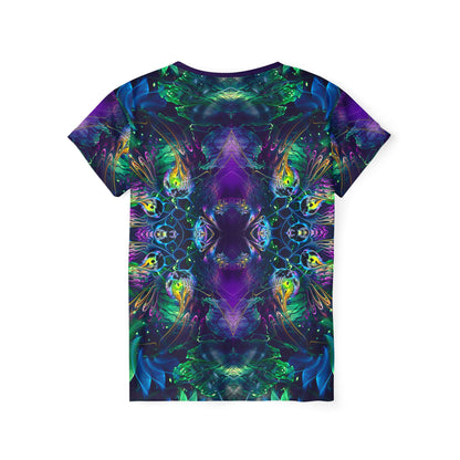 Back view of the Awakened print on this women's sport tee