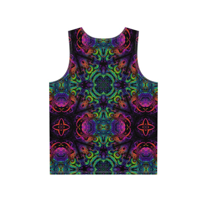 Close-up of the Cthulhu Kaleider print detail on a men's all-over print tank top.