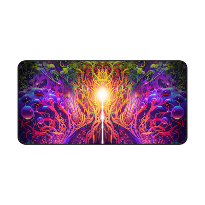 Corner of The Sacred Vine Top Section desk mat showing the stitched edge.