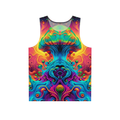 Fruits of the Void men's tank top shown from the front, full print view.