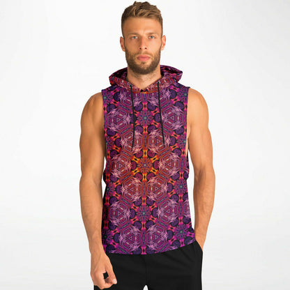 Model wearing the “Forged In Neon” sleeveless hoodie, front view, showing overall fit and length.