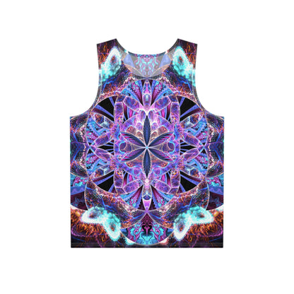 Front view of the Flower of Life Mandala men's tank top showing the full sacred geometry print.