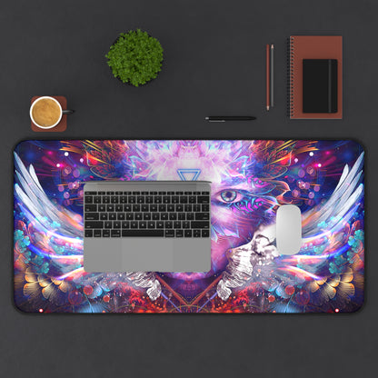 Lapis Philosophorum desk mat laid flat on a wood desk surface