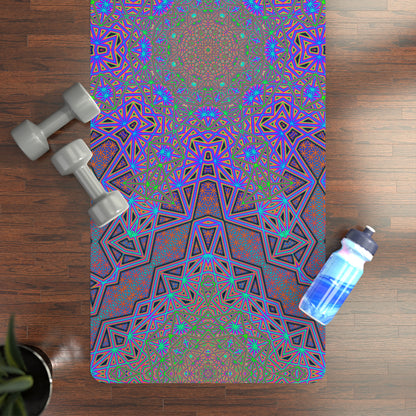 The cyan and magenta Chaos of Tron geometric artwork printed on a rubber yoga mat.