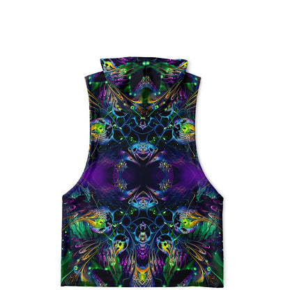 Flat lay of the Awakened sleeveless hoodie showing the back print laid flat with no model.
