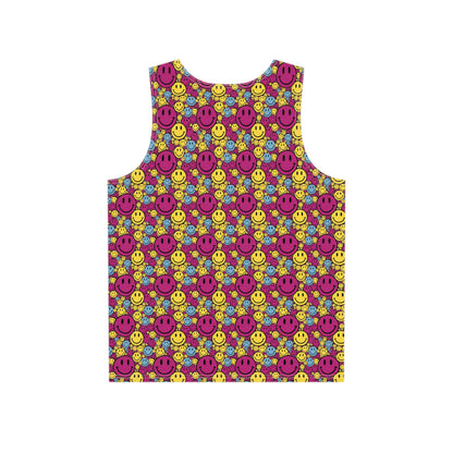 Close-up of the Purple Yellow Blue Smiley print detail on the tank top fabric.