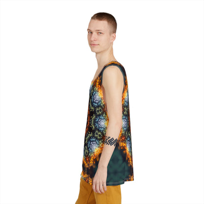 Close-up of the neckline and seam on the Fractal Flower Mandala men's tank top.