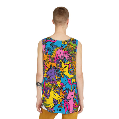 Angled view of the 'Because Unicorns' men's tank top, showing the fit and drape of the fabric.