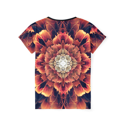 Back view of the Mandala Bloom sport tee with the print continuing across the fabric.
