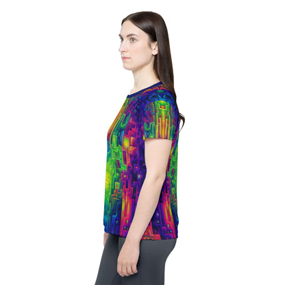 'Galaga' sport tee for women, corner view showing the hem and seam.