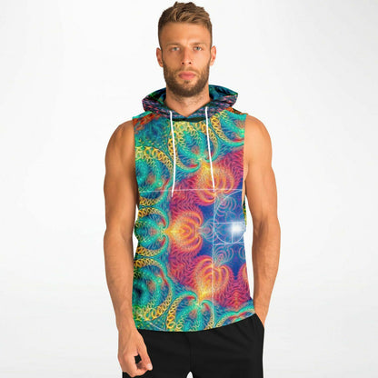 Model wearing the “Free Your Mind - Fibonacci” sleeveless hoodie, front view, showing fit and length.