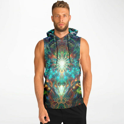 Model wearing the “To Tree or Not to Tree” sleeveless hoodie, front view, showing overall fit and length.