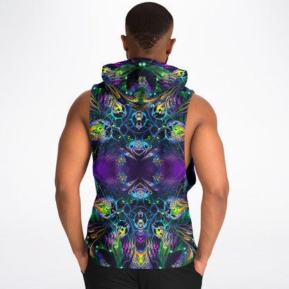 A model wears the Awakened sleeveless hoodie, back view showing the all-over print.