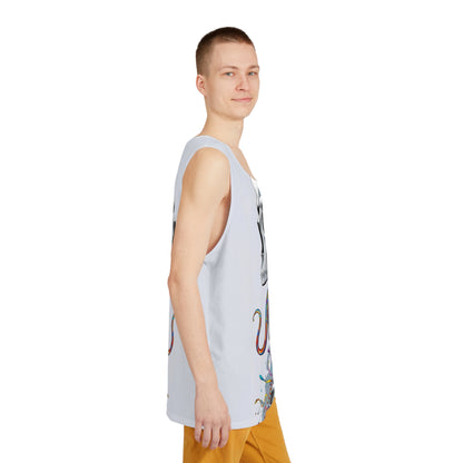 Model wearing the Psychedelic Tongue Skull men's tank top with the trippy skull print visible.