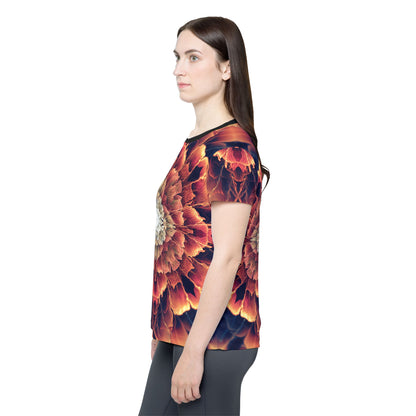 Women's sport tee in the Mandala Bloom design, worn by a model, front view.
