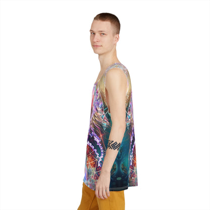 Primordial Soup men's tank top laid flat, showing the full front print.
